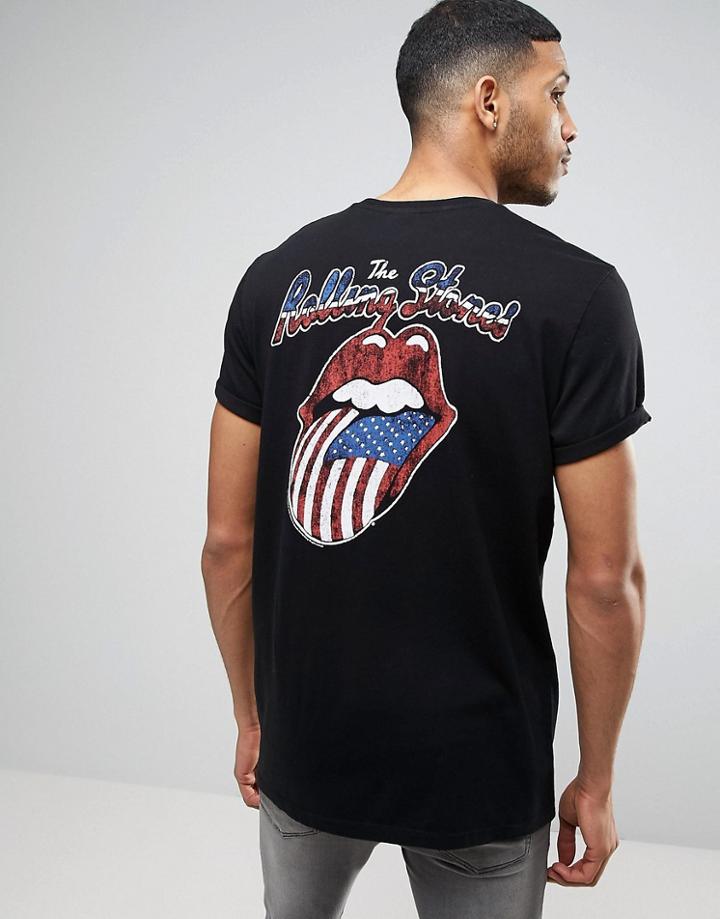 Asos Rolling Stones Longline Band T-shirt With Roll Sleeves - Black