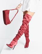 Asos Design Kammi Ruched Satin Over The Knee Boots In Red