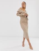Asos Design Super Soft Rib Belted Fallen Shoulder Midi Dress-beige