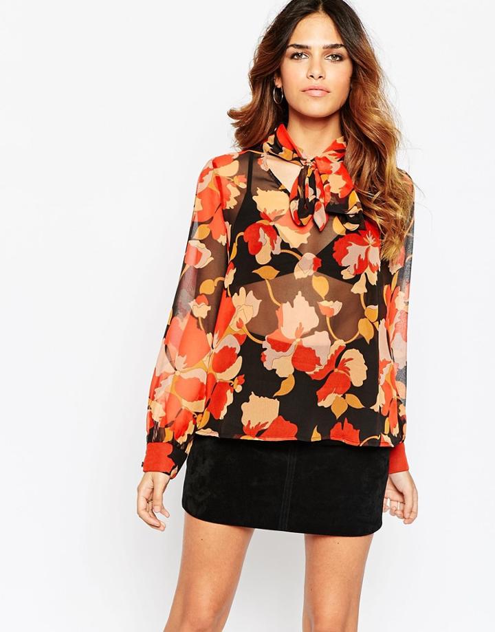 Asos 70s Floral Print Pussy Bow Blouse - Floral