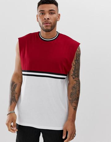 Asos Design Oversized Sleeveless T-shirt With Contrast Yoke And Taping-red