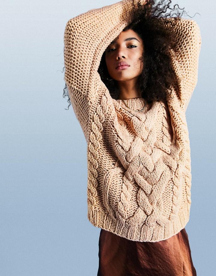 Asos Design Hand Knitted Cable Sweater In Camel-neutral