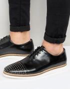 Asos Lace Up Shoes In Black Leather With Stud Toe Detailing - Black