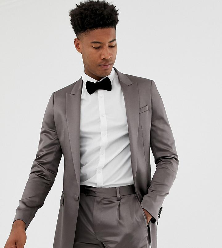 Asos Design Tall Skinny Suit Jacket In High Shine Gunmetal Sateen-gray