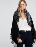 Jayley Stripe Dark Gray Oversize Coat With Fur Trim - Gray