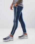 Asos Design Super Skinny Jeans In Dark Wash Blue With Side Stripe - Blue