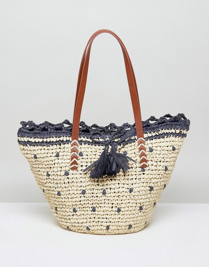 Vincent Pradier Natural And Navy Spotted Straw Tote - Navy