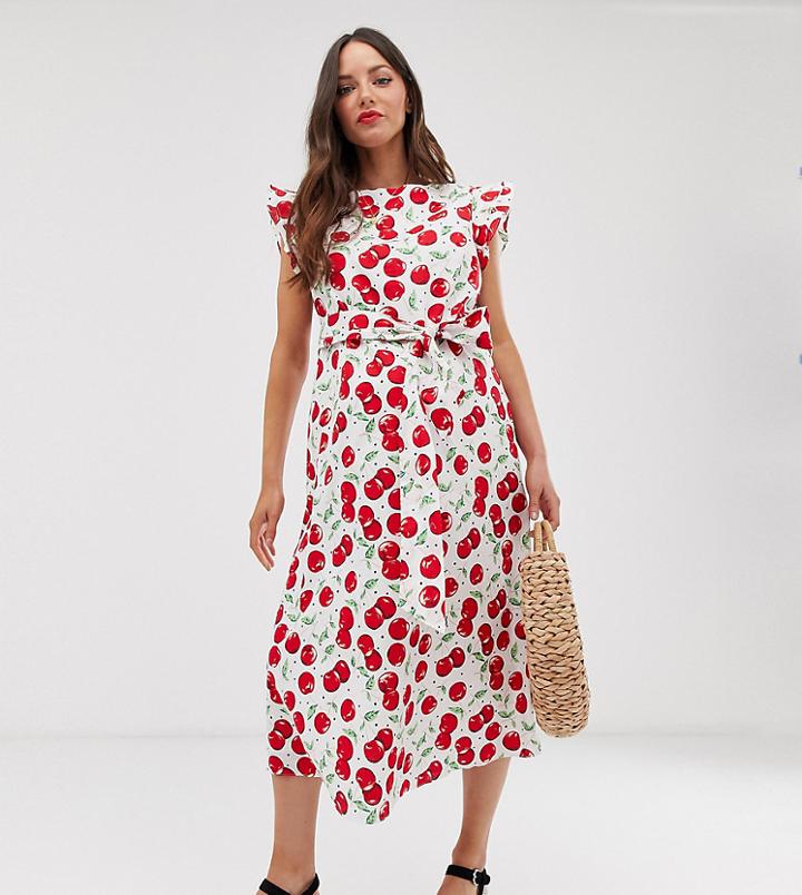 Glamorous Bloom Midi Dress With Ruffle Sleeves And Tie Waist In Cherry Print-white