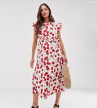 Glamorous Bloom Midi Dress With Ruffle Sleeves And Tie Waist In Cherry Print-white