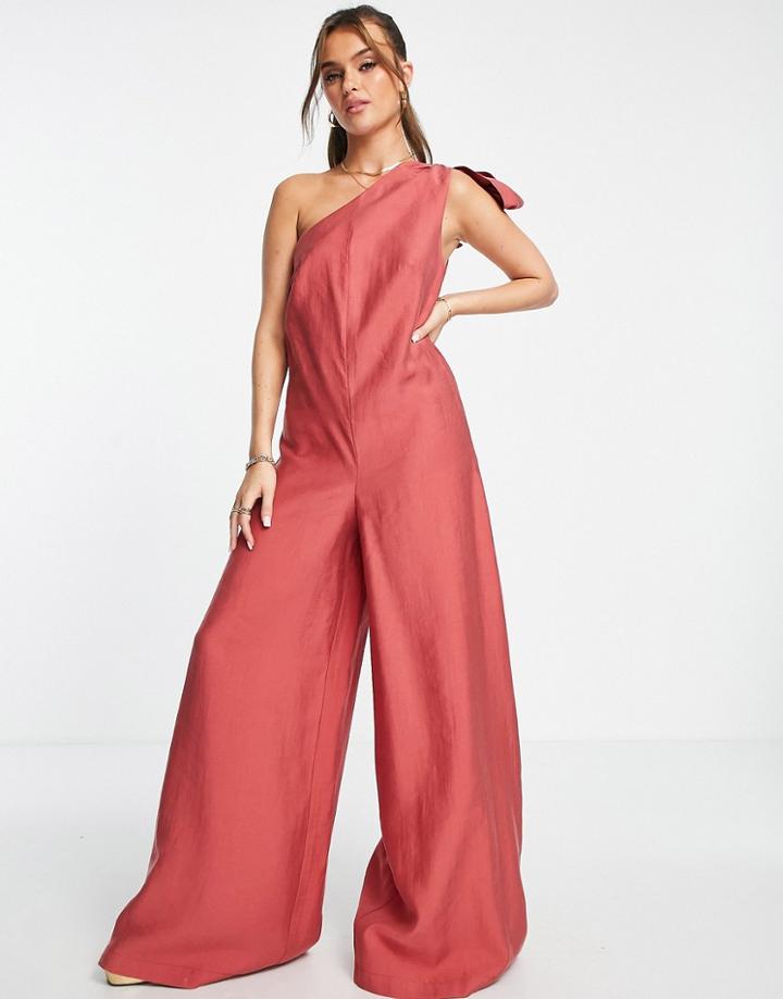 Asos Design Tie One Shoulder Linen Jumpsuit In Red Brick
