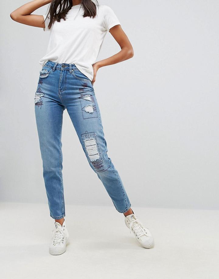 Waven Elsa Patched Mom Jeans - Blue