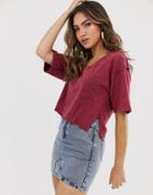 Asos Design T-shirt With Raw Seams And V-neck In Washed Burgundy
