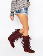 Asos Catch Up Leather Fringe Knee High Boots - Burgundy