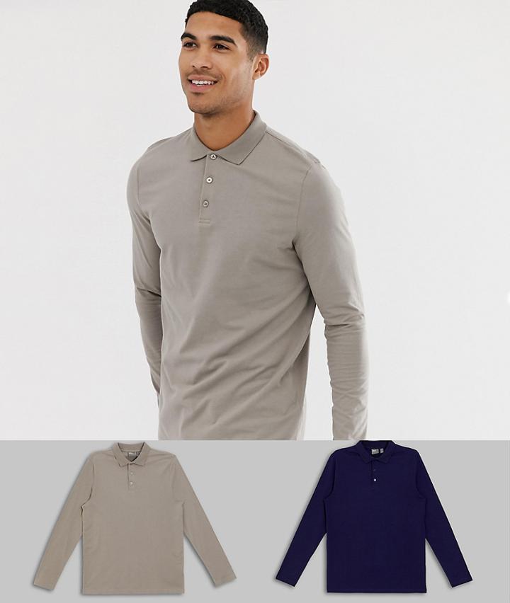 Asos Design Long Sleeve Jersey Polo 2 Pack Mutlipack Saving - Multi