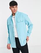 Asos Design 90s Oversized Cord Shirt With Double Pockets In Aqua-blue