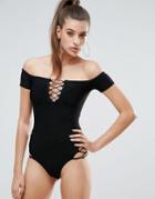 Missguided Bardot Bandage Lace Up Detail Swimsuit - Black