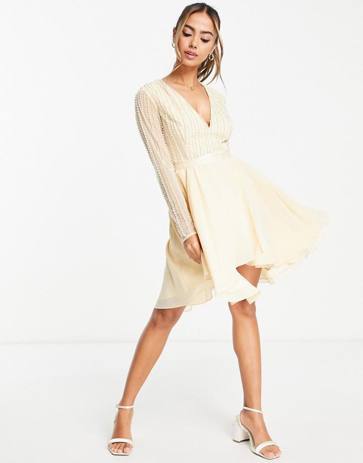 Asos Design Linear Embellished Bodice Mini Dress With Wrap Skirt In Cream-white