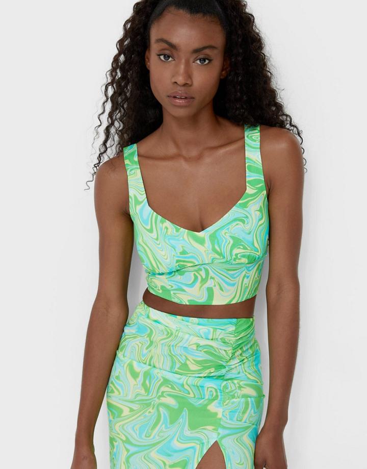 Stradivarius Crop Top In Retro Graphic Print In Green