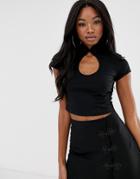 Asos Design Two-piece Top With Open Neck And Mandarin Collar-black