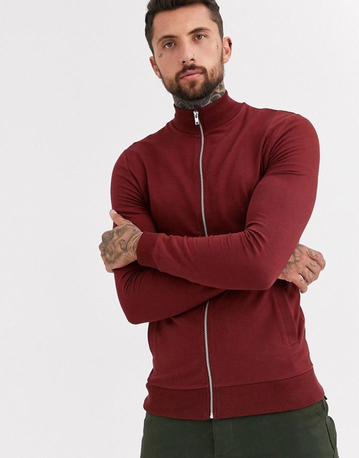 Asos Design Muscle Jersey Track Jacket In Burgundy-red