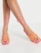 Asos Design Henley Rope Detail Tie Leg Mid Heeled Sandals In Neon-multi