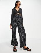 Lola May Cut Out Wide Leg Jumpsuit In Polka Dot-black