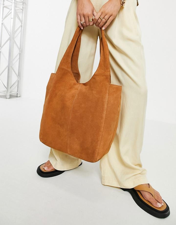 Asos Design Suede Oversized Square Shopper In Tan-brown