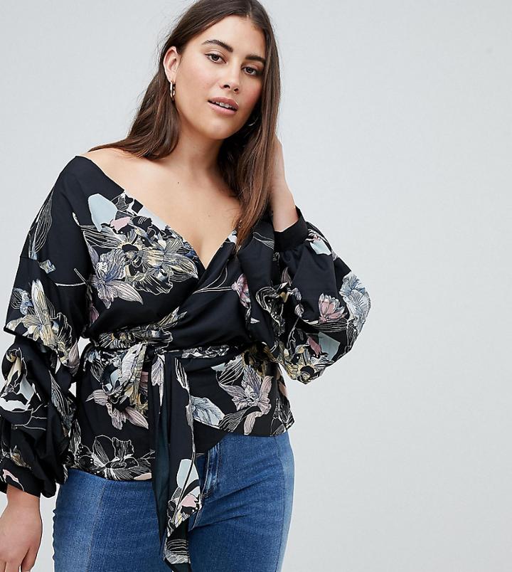 Ax Paris Plus Floral Wrap Blouse - Multi