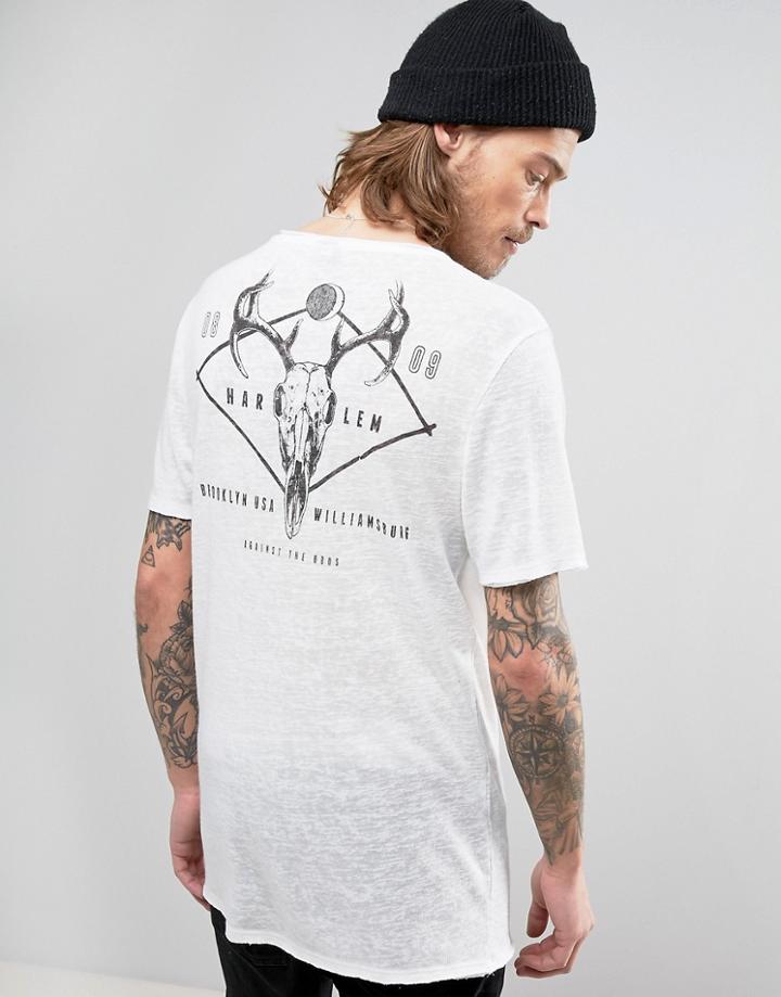 Asos Linen Look Longline T-shirt With Skull Back Print - White