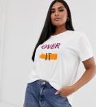 Asos Design Curve T-shirt With Over It In Bright Motif In Organic Cotton-white