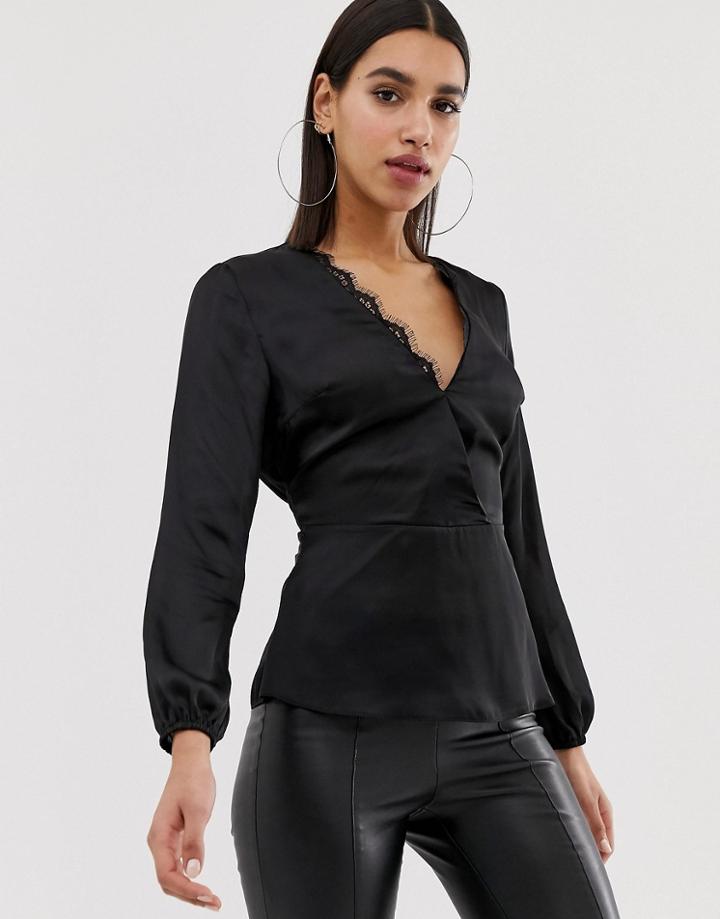 Lipsy Lace Trim Blouse With Front Tie In Black - Black