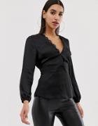 Lipsy Lace Trim Blouse With Front Tie In Black - Black