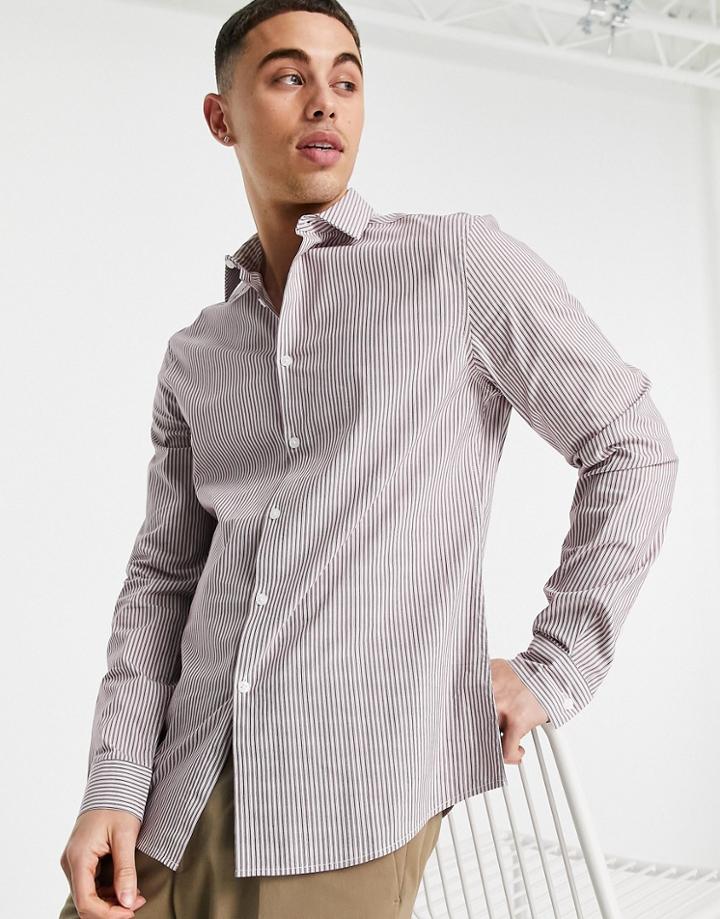 Asos Design Slim Stripe Work Shirt In Burgundy-red