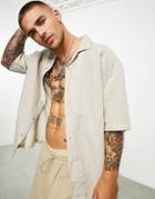 Pull & Bear Short Sleeve Linen Shirt In Khaki-green