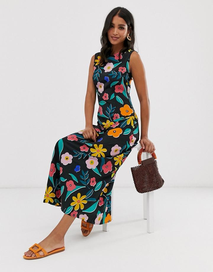 Neon Rose Vintage Maxi Shift Dress In Retro Floral - Multi