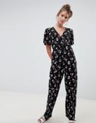 Daisy Street Jumpsuit With Kimono Sleeves In Dark Floral Print - Black