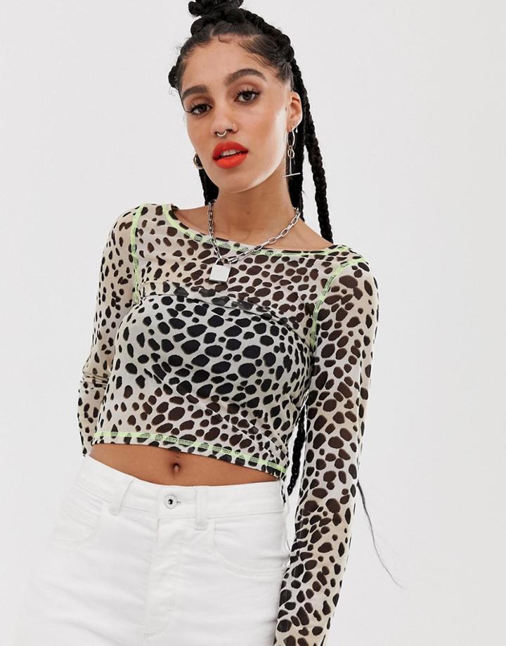 Asos Design Long Sleeve Mesh Top In Cheetah Print With Neon Stitching-multi