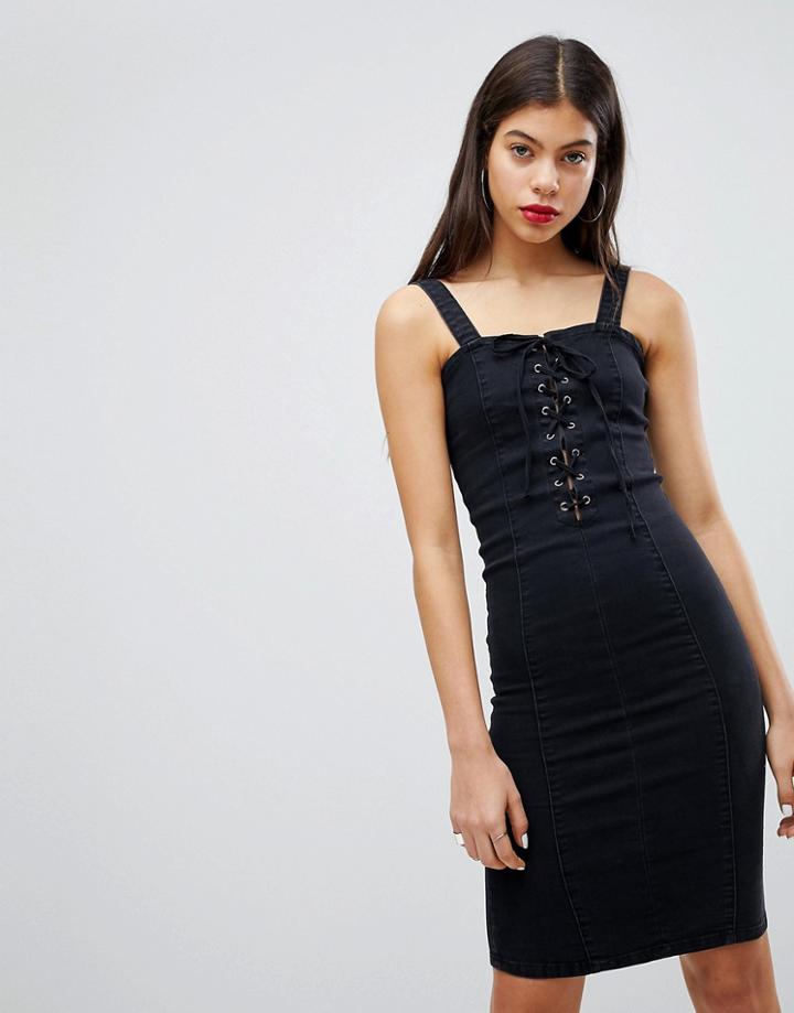 Liquor N Poker Denim Dress With Lace Up Eyelet Detail - Black