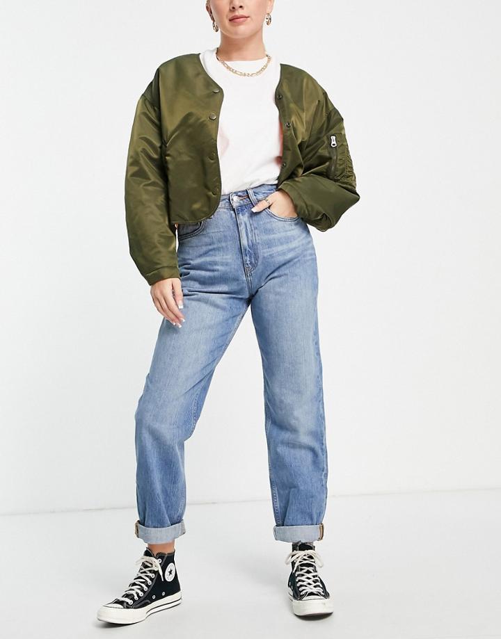 Asos Design High Rise Slouchy Mom Jeans In Stone Wash-blues