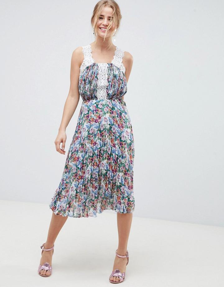 Asos Design Pleated Midi Dress In Bright Floral With Lace Trims - Multi