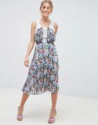 Asos Design Pleated Midi Dress In Bright Floral With Lace Trims - Multi