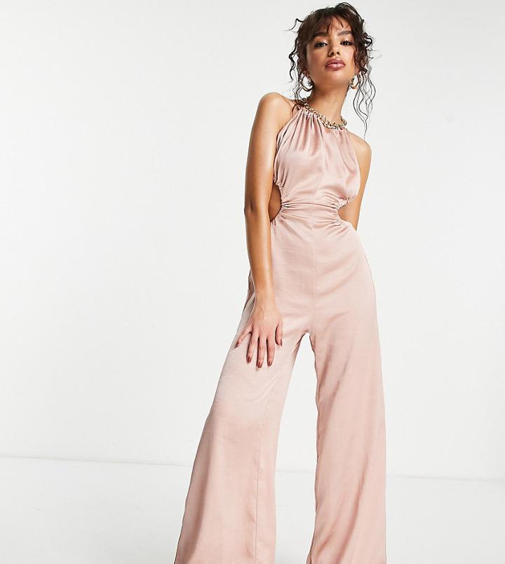 Asos Design Petite Satin Ruched Neck Cut Out Jumpsuit In Taupe-pink