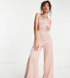 Asos Design Petite Satin Ruched Neck Cut Out Jumpsuit In Taupe-pink