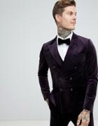 Gianni Feraud Skinny Fit Velvet Double Breasted Peak Lapel Suit Jacket - Purple