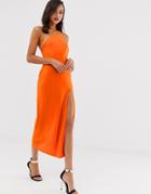 Asos Design One Shoulder Midaxi Dress In Satin With Drape Back - Red