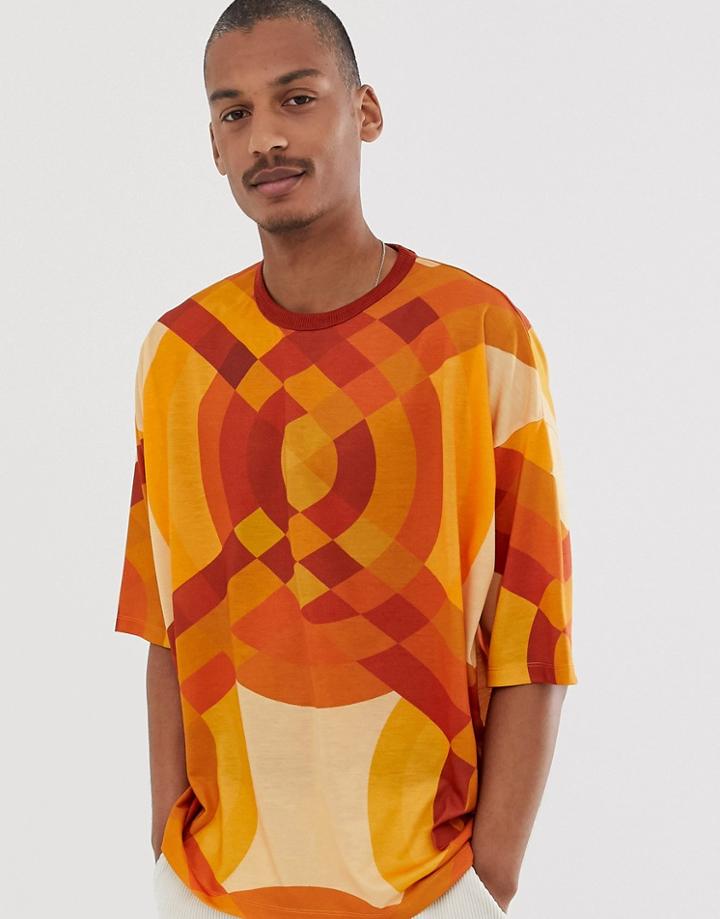 Asos Design Oversized T-shirt With All Over Abstract Print-orange