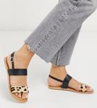 Rule London Wide Fit Leather Flat Sandals In Black/leopard