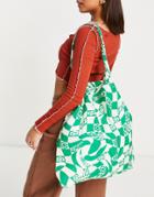 Asos Design Cotton Shopper Bag In 90s Floral Checkerboard Print In Green - Mgreen