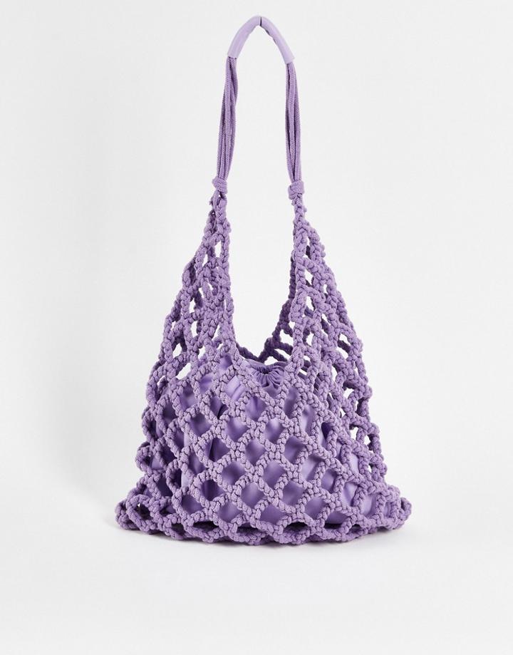 Asos Design Macrame Knit Tote Bag In Lilac-purple