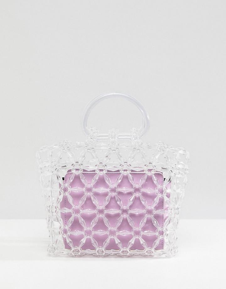 Asos Design Beaded Boxy Clutch Bag With Removable Contrast Pouch-clear